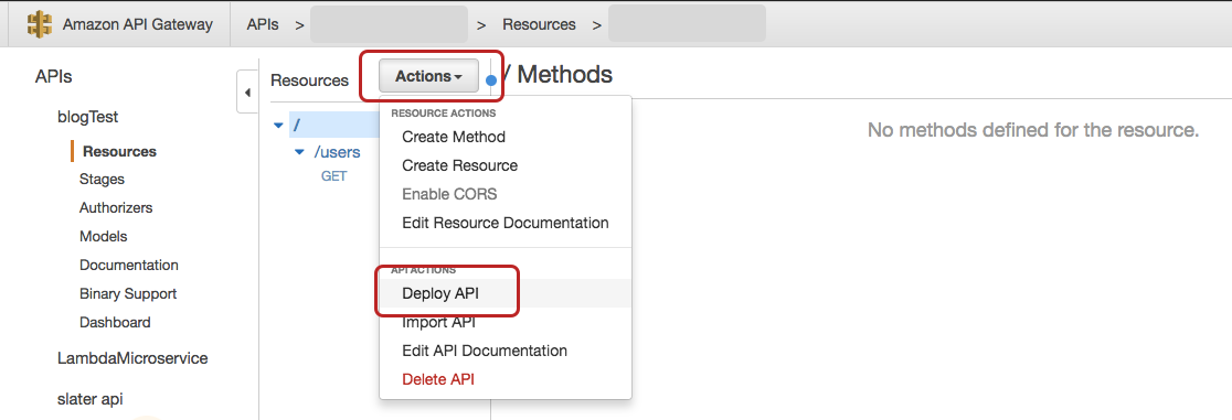 api gateway select actions