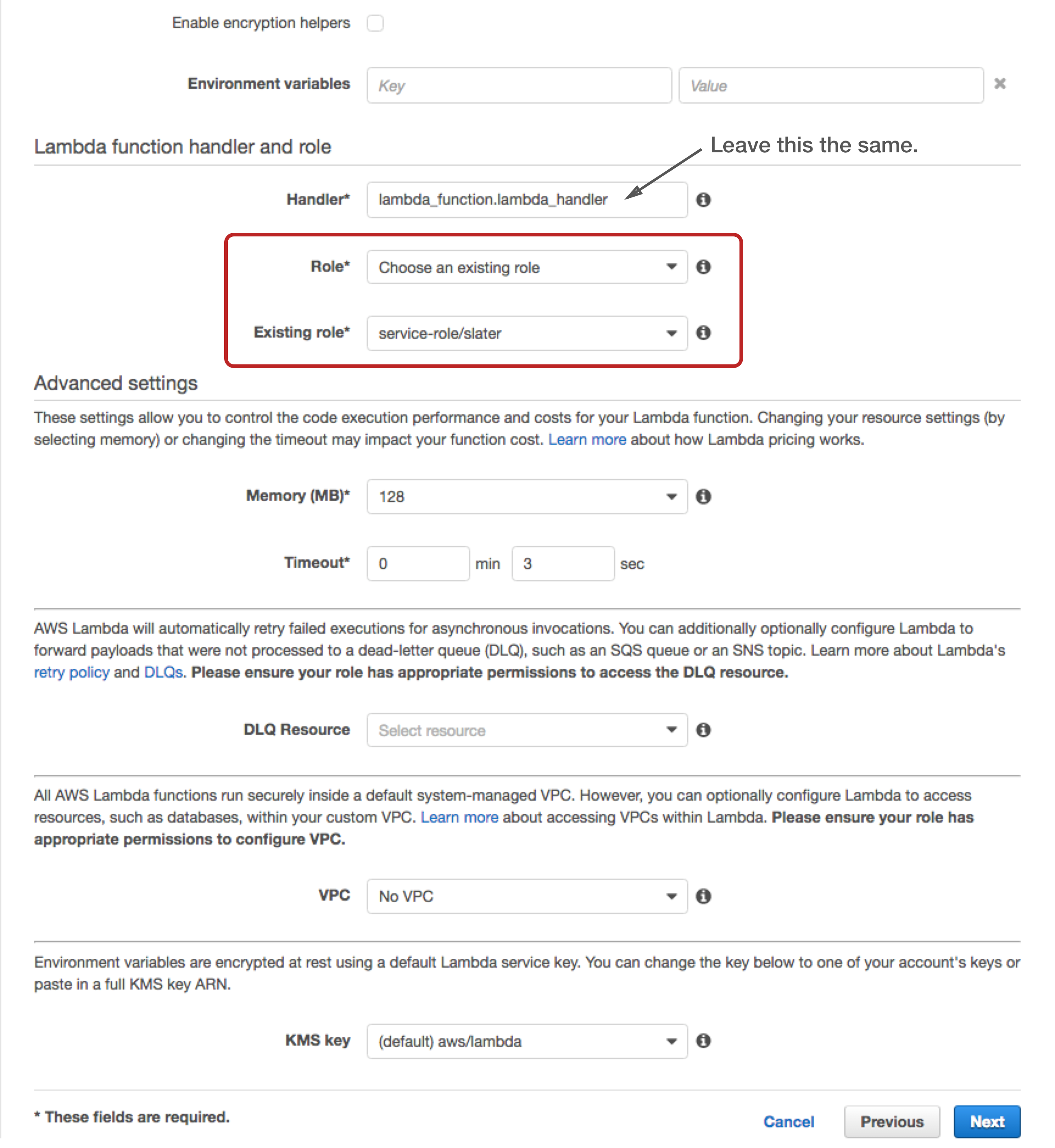 aws lambda function settings